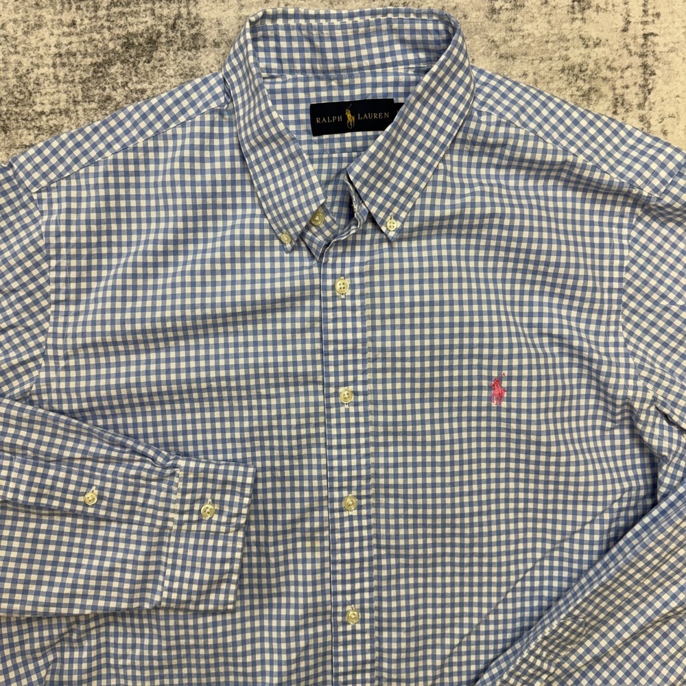 Polo Ralph Lauren Shirt Mens XL Blue White Gingham Check Poplin Preppy Heritage